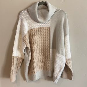 Gray, tan and white color block turtleneck